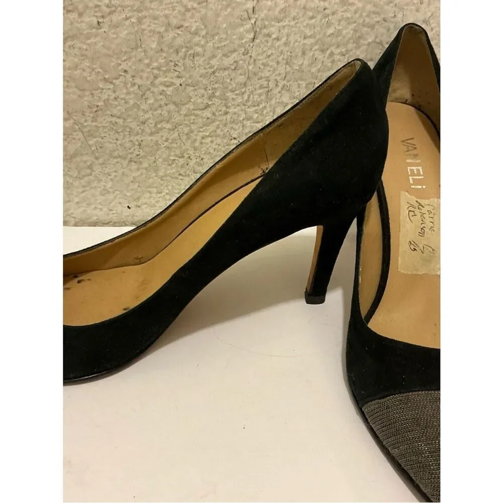 Vaneli Black Suede Pointed Toe Pumps with Metallic Cap Toe 7.5M